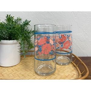 Set of 3 Vintage Crisa Floral Glass Tumblers - Navy and Peach